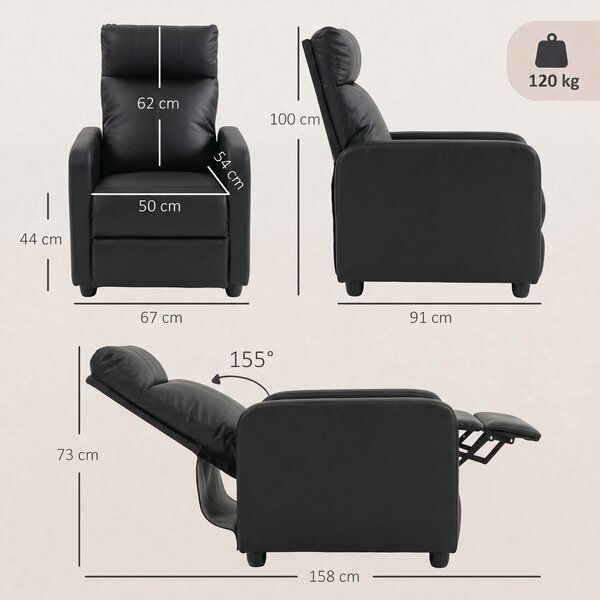 HOMCOM Fotoliu Relax Reclinabil Manual 155° cu Suport pentru Picioare din piele ecologică PU, pentru Living și Dormitor, Negru | Aosom Romania