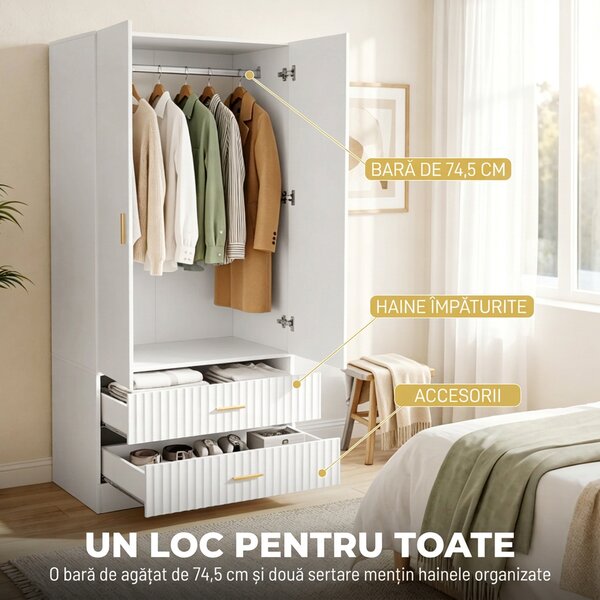 HOMCOM Dulap Garderobă 170 cm cu Bară pentru Haine și 2 Sertare Canelate, Alb | Aosom Romania