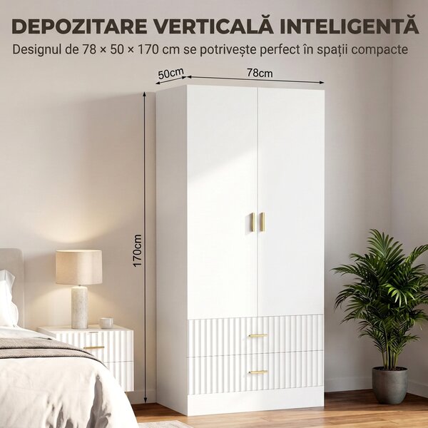 HOMCOM Dulap Garderobă 170 cm cu Bară pentru Haine și 2 Sertare Canelate, Alb | Aosom Romania