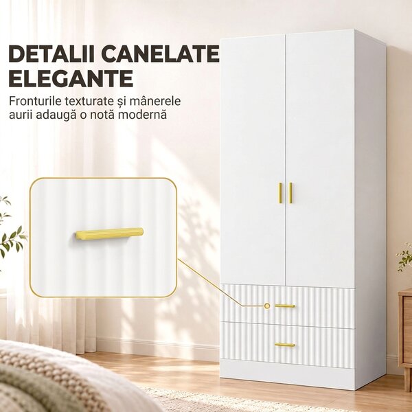 HOMCOM Dulap Garderobă 170 cm cu Bară pentru Haine și 2 Sertare Canelate, Alb | Aosom Romania