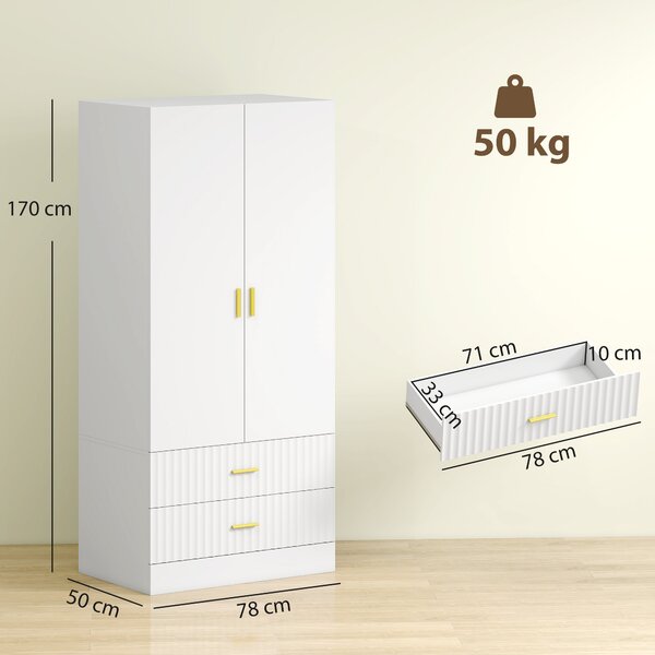 HOMCOM Dulap Garderobă 170 cm cu Bară pentru Haine și 2 Sertare Canelate, Alb | Aosom Romania