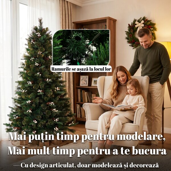 HOMCOM Brad artificial de Crăciun 180 cm, bogat și realist, 716 ramuri ignifuge, 63 bobițe albe, 63 bobițe mari | Aosom Romania
