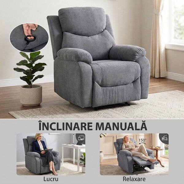 HOMCOM Fotoliu Reclinabil Manual din Material Tip In, cu Suport pentru Picioare și Cotiere Căptușite, Gri Închis | Aosom Romania