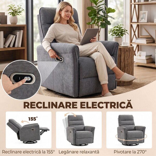 HOMCOM Fotoliu relax electric 155° cu suport pentru picioare, tapițat, rotire 270°, balansoar, șenilă, gri | Aosom Romania