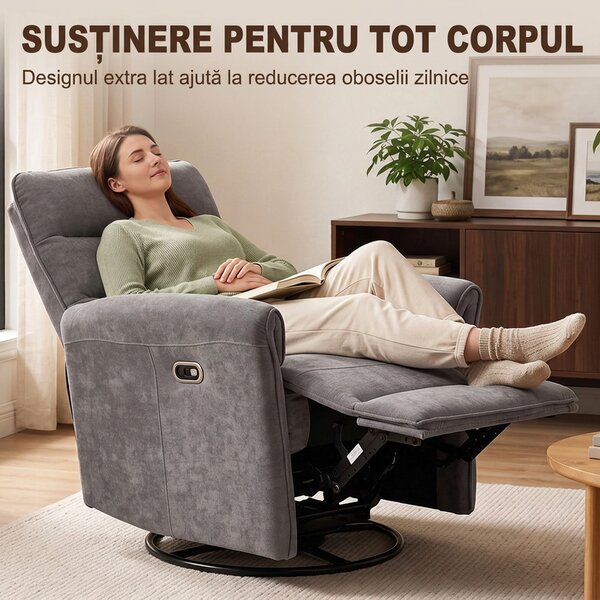 HOMCOM Fotoliu relax electric 155° cu suport pentru picioare, tapițat, rotire 270°, balansoar, șenilă, gri | Aosom Romania