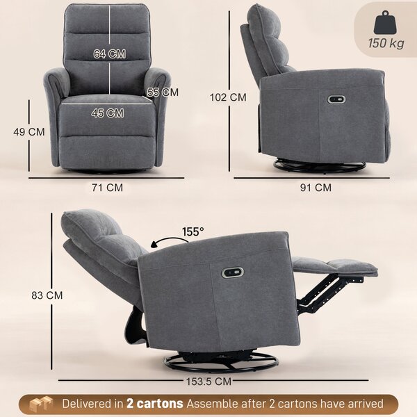 HOMCOM Fotoliu relax electric 155° cu suport pentru picioare, tapițat, rotire 270°, balansoar, șenilă, gri | Aosom Romania
