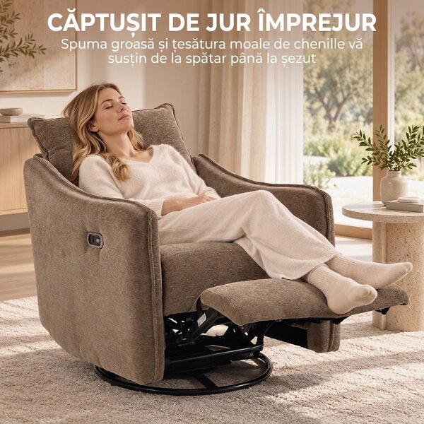 HOMCOM Fotoliu Recliner Electric 155° cu Suport pentru Picioare, Rotire 270°, Șezut Lat, Balans, Șenilă, Kaki | Aosom Romania