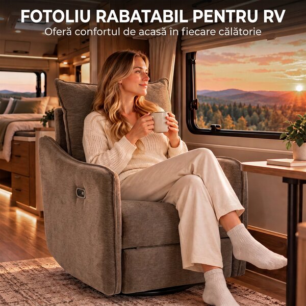 HOMCOM Fotoliu Recliner Electric 155° cu Suport pentru Picioare, Rotire 270°, Șezut Lat, Balans, Șenilă, Kaki | Aosom Romania