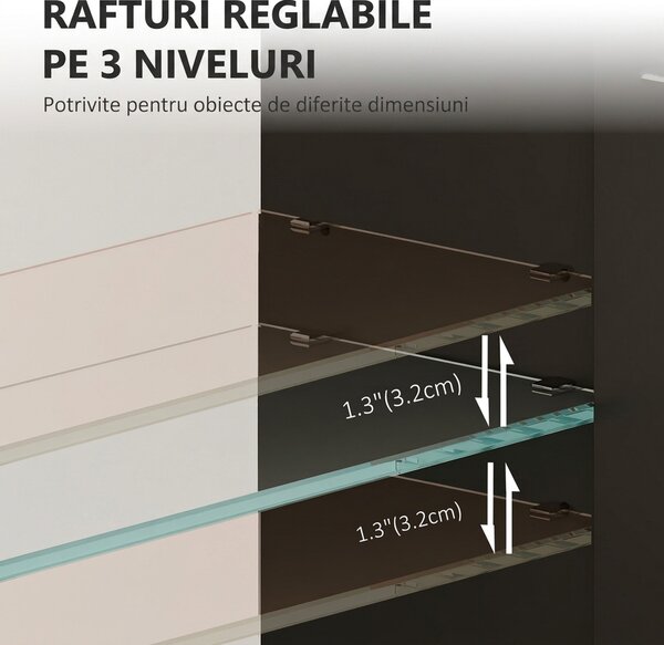 HOMCOM Dulap de baie de perete din lemn cu 3 rafturi reglabile din sticlă pe 3 niveluri, 40x15x55 cm, negru | Aosom Romania