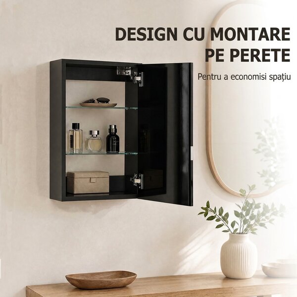 HOMCOM Dulap de baie de perete din lemn cu 3 rafturi reglabile din sticlă pe 3 niveluri, 40x15x55 cm, negru | Aosom Romania