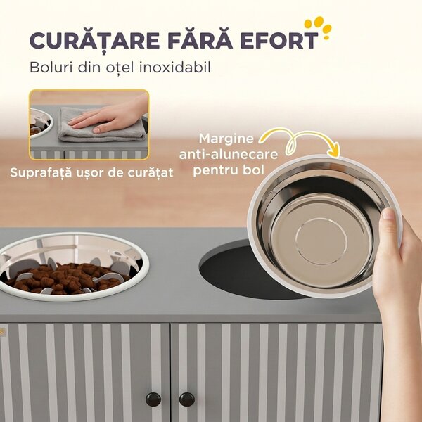 PawHut Suport pentru boluri de câini cu 2 boluri de 2 L din oțel inoxidabil și dulap inferior, din PAL, 60x30x35,5 cm, gri | Aosom Romania