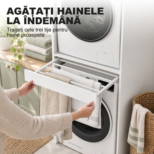 HOMCOM Dulap Compact pentru Mașină de Spălat și Uscător cu Suport Extensibil pentru Haine, Alb | Aosom Romania