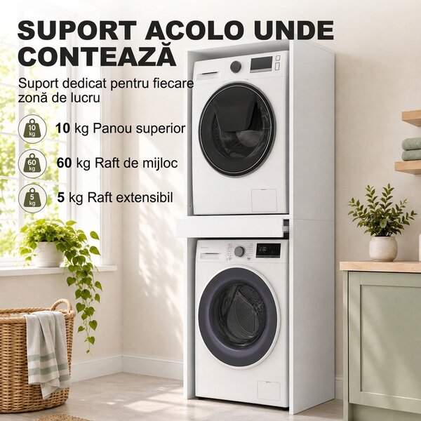 HOMCOM Dulap Compact pentru Mașină de Spălat și Uscător cu Suport Extensibil pentru Haine, Alb | Aosom Romania