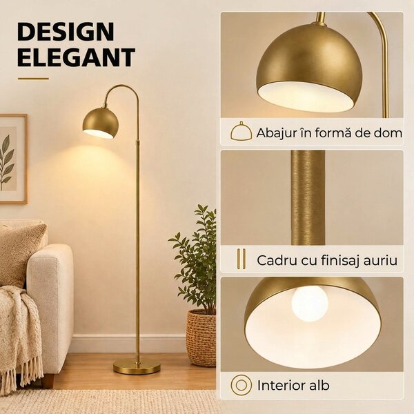 HOMCOM Lampadar modern 40W E27, înălțime reglabilă, abajur orientabil, întrerupător cu pedală, auriu | Aosom Romania