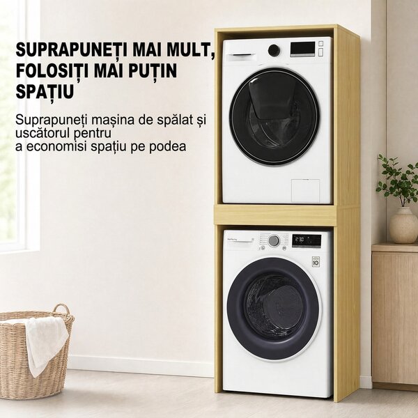 HOMCOM Dulap Compact pentru Mașină de Spălat și Uscător cu Suport Extractibil pentru Umerașe, Stejar | Aosom Romania