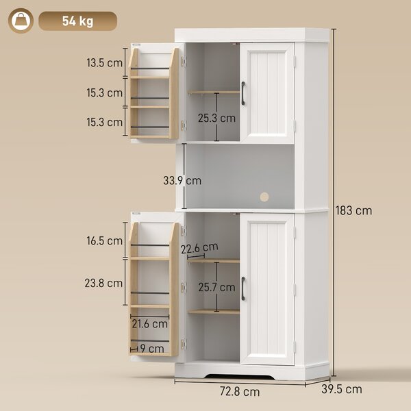HOMCOM Dulap Cămară de Bucătărie cu Spațiu pentru Microunde, 183 cm, Alb | Aosom Romania
