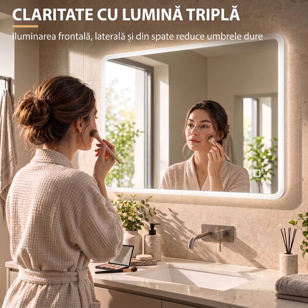 HOMCOM Oglindă de Baie cu LED 70x100 cm, 3 Culori de Lumină, Dimabilă, Antiaburire, Touch, Memorie | Aosom Romania