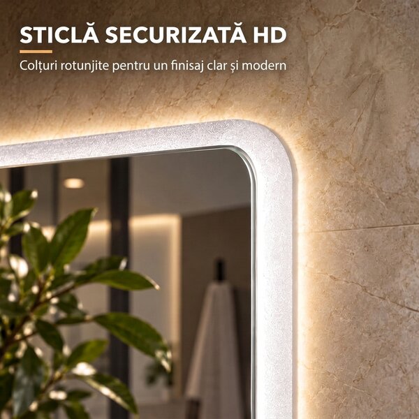 HOMCOM Oglindă de Baie cu LED 70x100 cm, 3 Culori de Lumină, Dimabilă, Antiaburire, Touch, Memorie | Aosom Romania