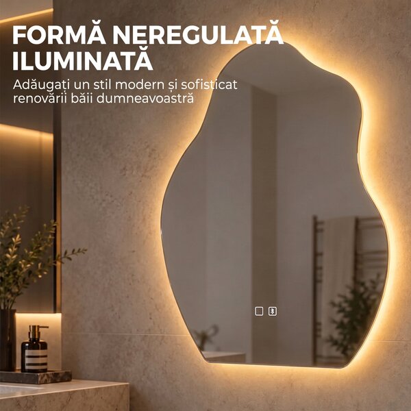 HOMCOM Oglindă baie LED 80 x 60 cm, 3 culori, design neregulat, Bluetooth, antiaburire, touch | Aosom Romania