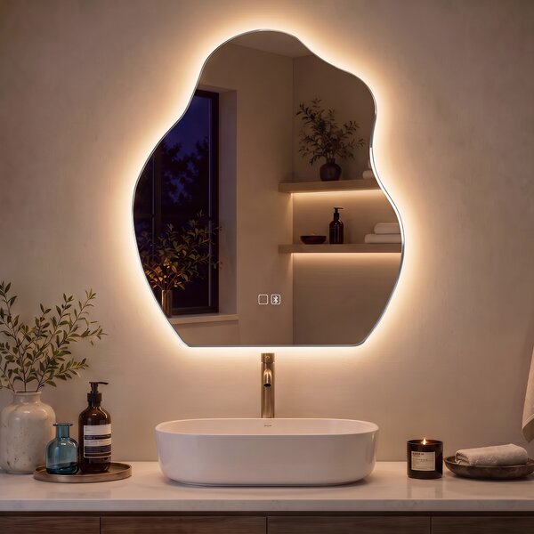 HOMCOM Oglindă baie LED 80 x 60 cm, 3 culori, design neregulat, Bluetooth, antiaburire, touch | Aosom Romania