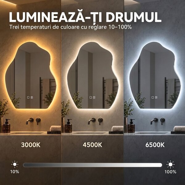 HOMCOM Oglindă baie LED 80 x 60 cm, 3 culori, design neregulat, Bluetooth, antiaburire, touch | Aosom Romania