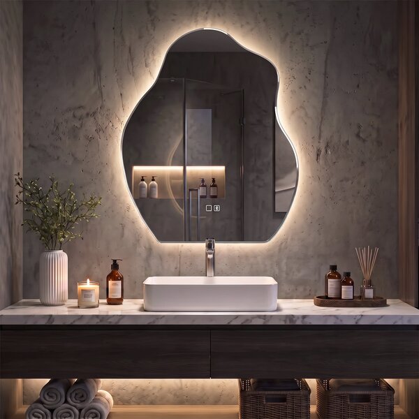 HOMCOM Oglindă baie LED 80 x 60 cm, 3 culori, design neregulat, Bluetooth, antiaburire, touch | Aosom Romania