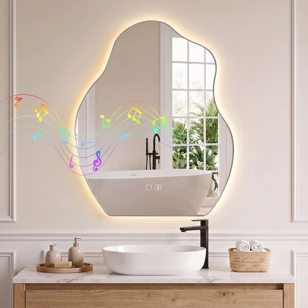 HOMCOM Oglindă baie LED 80 x 60 cm, 3 culori, design neregulat, Bluetooth, antiaburire, touch | Aosom Romania
