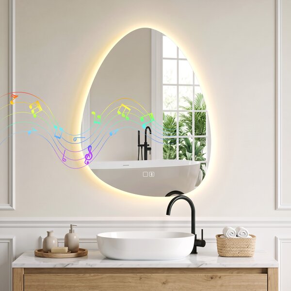 HOMCOM Oglindă de baie cu LED, 3 culori, 50x70 cm, neregulată, Bluetooth, anti-aburire, touch | Aosom Romania
