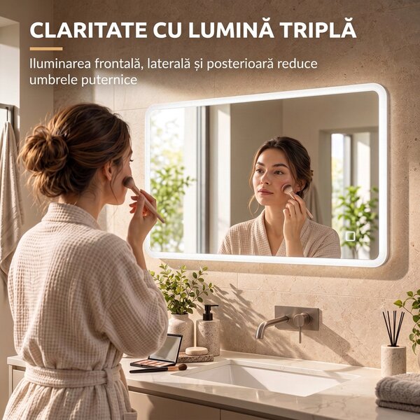 HOMCOM Oglindă de Baie cu LED 50 x 70 cm, Dimabilă, Antiaburire, Touch, Memorie | Aosom Romania