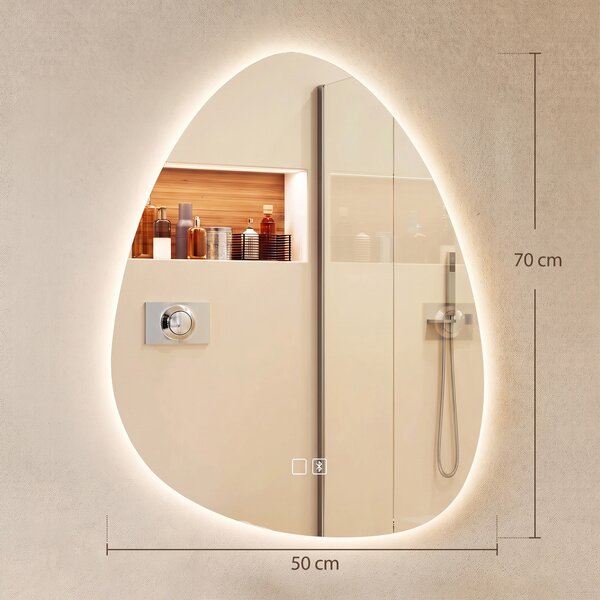 HOMCOM Oglindă de baie cu LED, 3 culori, 50x70 cm, neregulată, Bluetooth, anti-aburire, touch | Aosom Romania