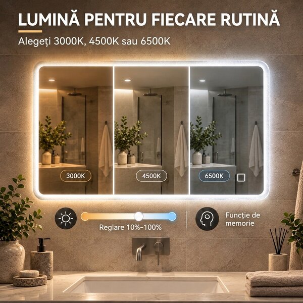 HOMCOM Oglindă de Baie cu LED 50 x 70 cm, Dimabilă, Antiaburire, Touch, Memorie | Aosom Romania