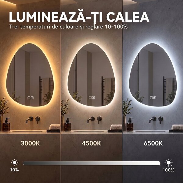 HOMCOM Oglindă de baie cu LED, 3 culori, 50x70 cm, neregulată, Bluetooth, anti-aburire, touch | Aosom Romania