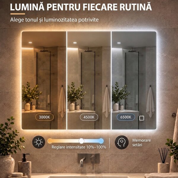 HOMCOM Oglindă de Baie cu LED 60x80 cm, 3 Culori, Intensitate Reglabilă, Memorie, Antiaburire, Comutator Tactil | Aosom Romania