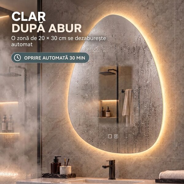 HOMCOM Oglindă de baie cu LED, 3 culori, 60x80 cm, neregulată, Bluetooth, antiaburire, touch | Aosom Romania