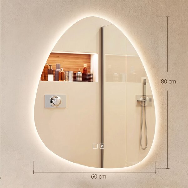 HOMCOM Oglindă de baie cu LED, 3 culori, 60x80 cm, neregulată, Bluetooth, antiaburire, touch | Aosom Romania