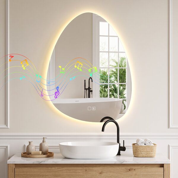 HOMCOM Oglindă de baie cu LED, 3 culori, 60x80 cm, neregulată, Bluetooth, antiaburire, touch | Aosom Romania