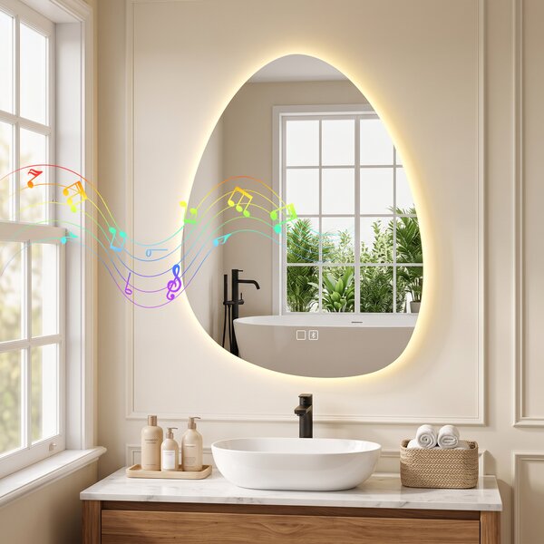 HOMCOM Oglindă de baie cu LED, 3 culori, 60x80 cm, neregulată, Bluetooth, antiaburire, touch | Aosom Romania
