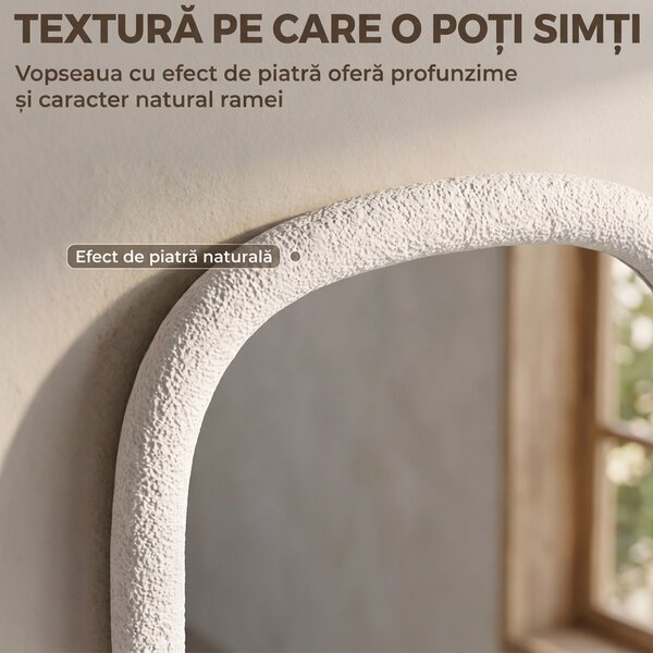 HOMCOM Oglindă de Perete Neregulată 60 cm, Oglindă de Baie cu Sticlă Securizată și Ramă cu Efect de Piatră, Alb | Aosom Romania