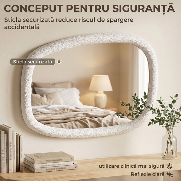 HOMCOM Oglindă de Perete Neregulată 60 cm, Oglindă de Baie cu Sticlă Securizată și Ramă cu Efect de Piatră, Alb | Aosom Romania