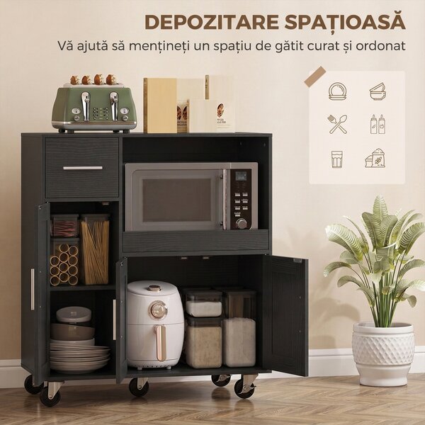 HOMCOM Dulap pentru Microunde din Lemn cu Sertar, 2 Dulapuri, Raft Deschis și Raft Reglabil, 80x40x88,7 cm, Negru | Aosom Romania