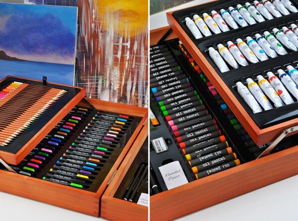 Set de pictură și desen XXL Maaleo - 174 piese în servietă masivă din lemn