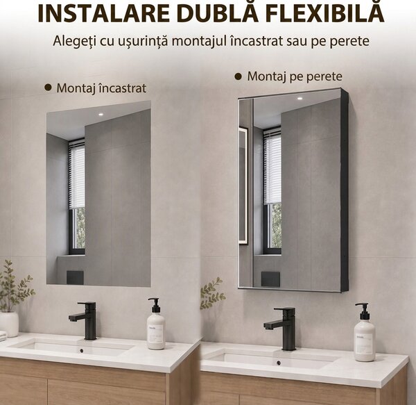 HOMCOM Dulap de baie cu oglindă, raft reglabil, panou multifuncțional, negru | Aosom Romania