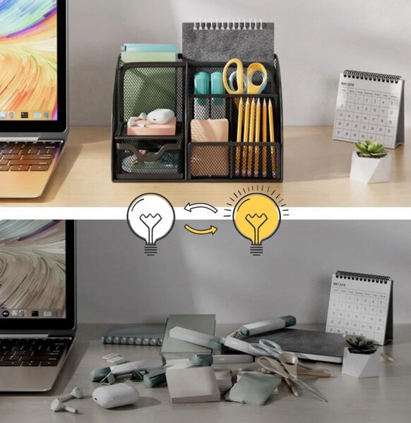 Organizator metalic de birou cu sertar Maaleo - Suport tip mesh cu 6 compartimente, negru