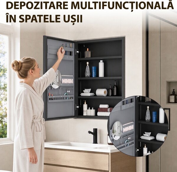 HOMCOM Dulap de baie cu oglindă, raft reglabil, panou multifuncțional, negru | Aosom Romania