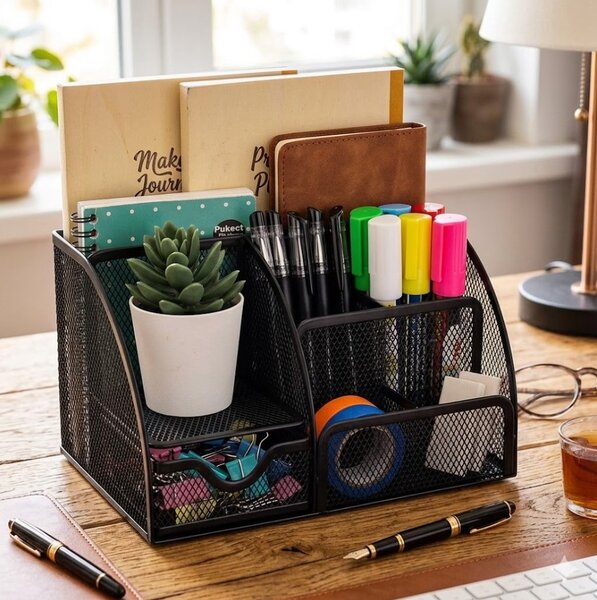 Organizator metalic de birou cu sertar Maaleo - Suport tip mesh cu 6 compartimente, negru