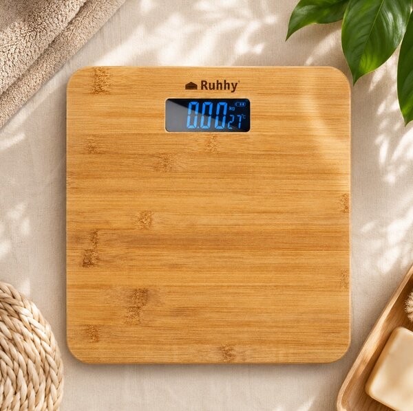 Cântar corporal electronic Ruhhy - Capacitate 180 kg, platformă din bambus, ecran LCD