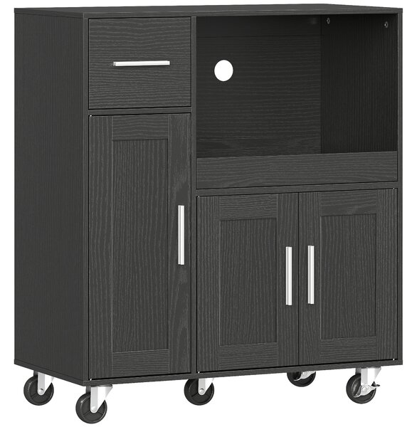 HOMCOM Dulap pentru Microunde din Lemn cu Sertar, 2 Dulapuri, Raft Deschis și Raft Reglabil, 80x40x88,7 cm, Negru | Aosom Romania