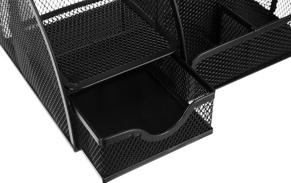 Organizator metalic de birou cu sertar Maaleo - Suport tip mesh cu 6 compartimente, negru