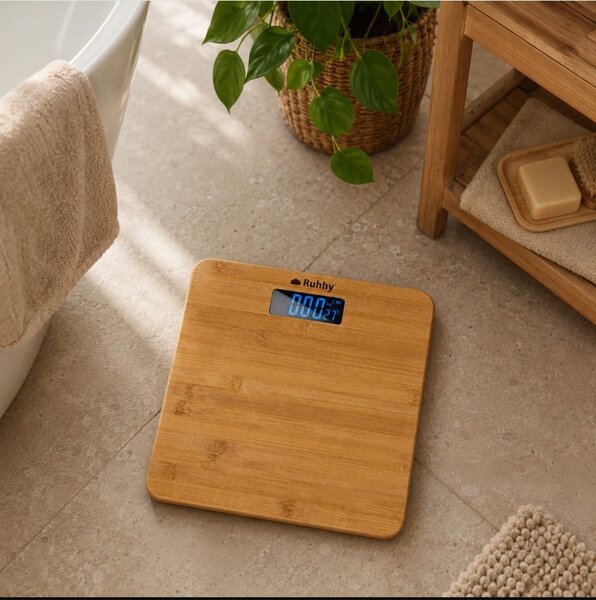 Cântar corporal electronic Ruhhy - Capacitate 180 kg, platformă din bambus, ecran LCD