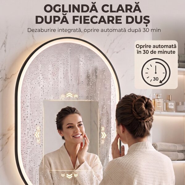 HOMCOM Oglindă de Baie Ovală cu LED 70x100 cm, Bluetooth, Memorie, Butoane Tactile, Antiaburire | Aosom Romania